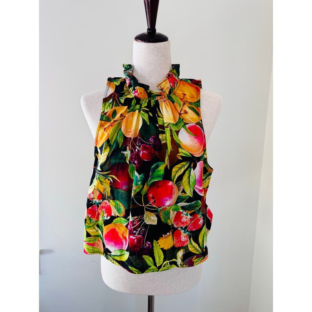 Maeve for Anthropologie Poplin Ruffle Neck Sleeveless Fruit Print Top​